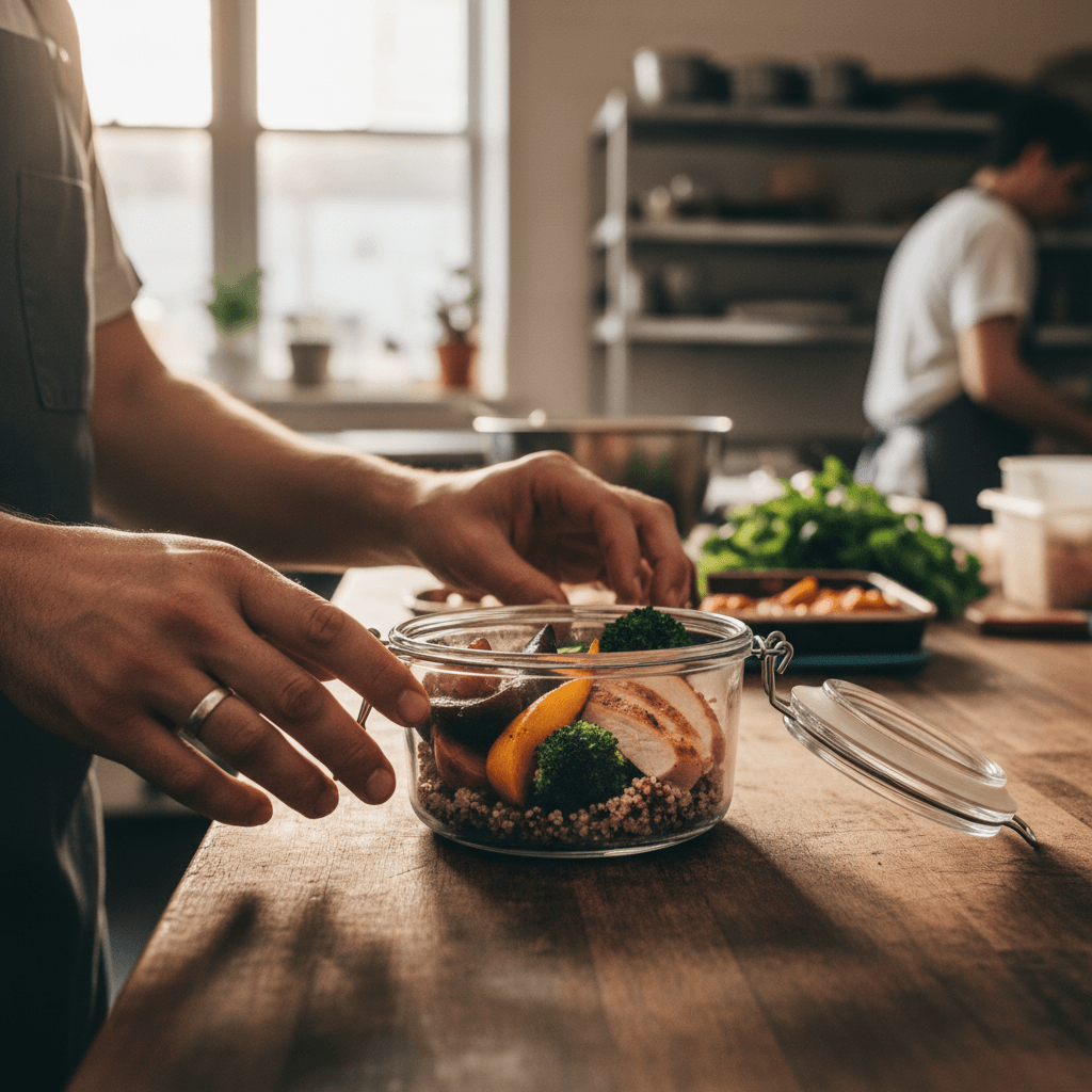 Hands carefully plating fresh seasonal vegetables and proteins into returnable glass container in commercial kitchen with warm natural light Hands carefully plating fresh seasonal vegetables and proteins into returnable glass container in commercial kitchen with warm natural light